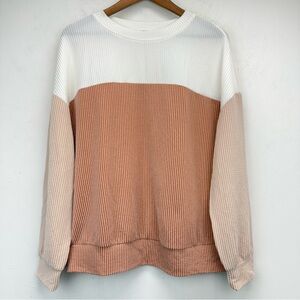 Dokotoo size Medium Women’s Brown Tan ColorBlock Ribbed Long Sleeve Top NWT